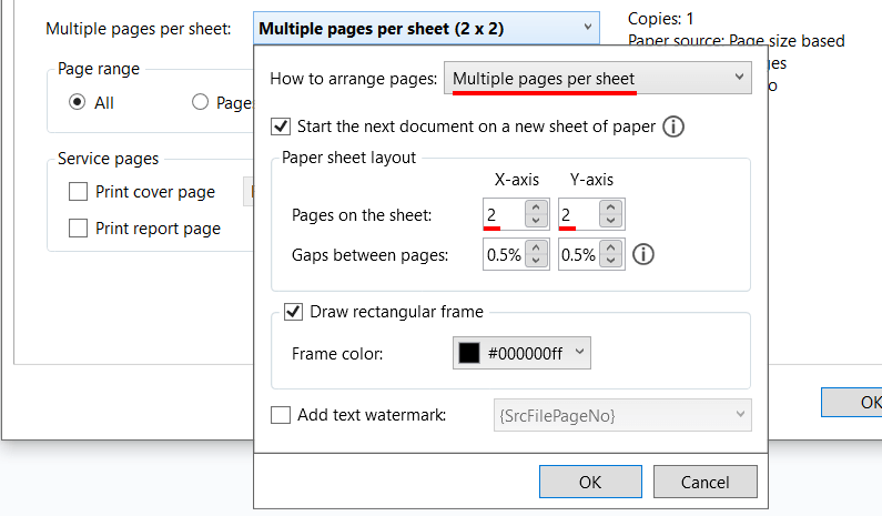 Multiple pages per sheet mode in 2Printer