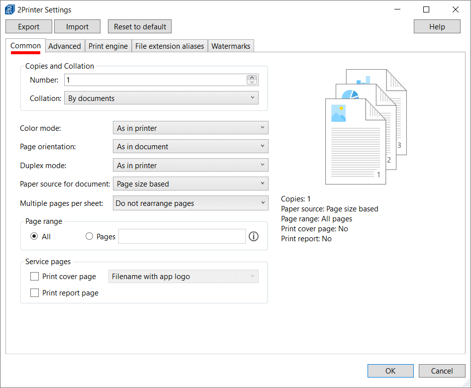 Common printing settings of 2Printer