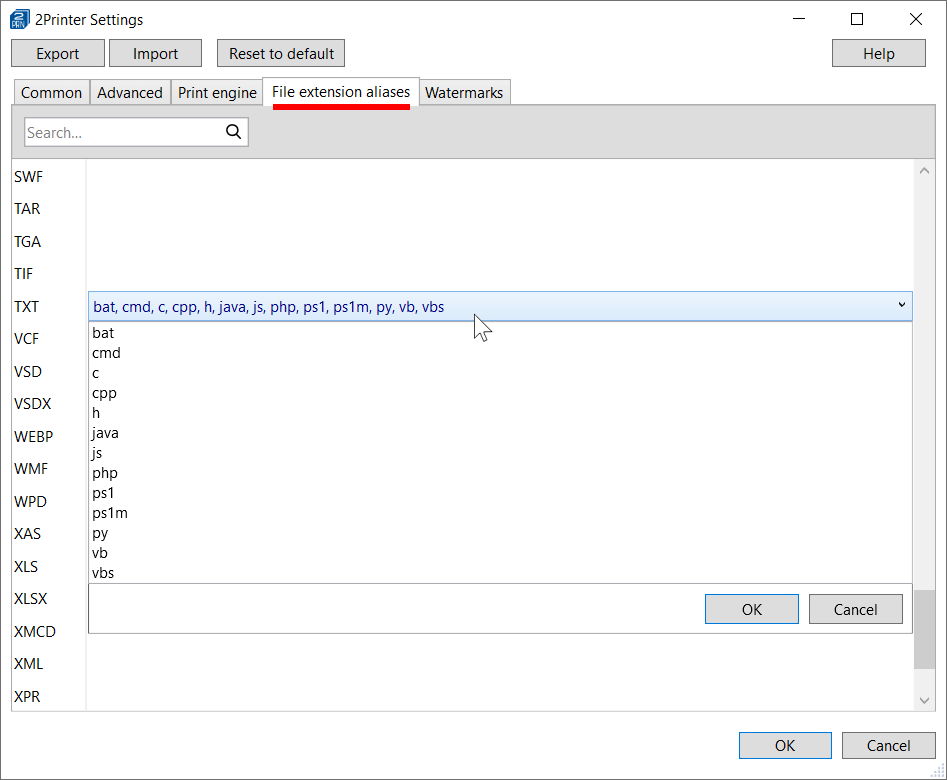 2Printer File Extension Aliases